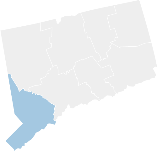 map of CT highlighting the fairfield region in the southwestern part of the state