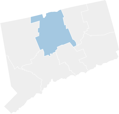 map of CT highlighting the hartford region in the northern part of the state