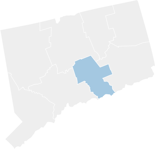 map of CT highlighting the middlesex region in the southern part of the state