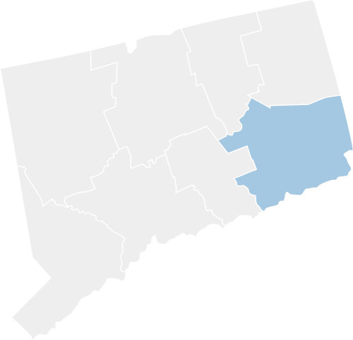 map of CT highlighting the new london region in the southeastern part of the state