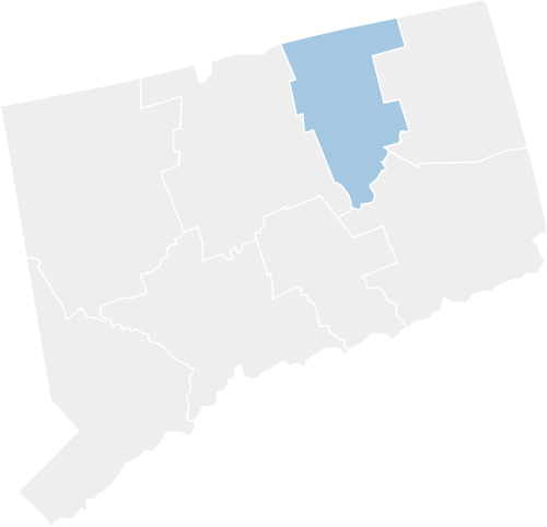 map of CT highlighting the tolland region in the northern part of the state